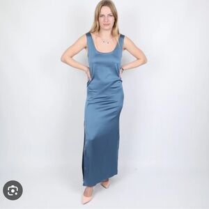 NWT: Zara Blue Satin Maxi Dress with slit in Sz:Large